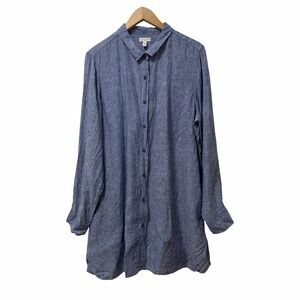 Garnet Hill Womens Linen Long Sleeve Button Up Shirt Size XL Blue Beachy Coastal